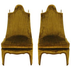 Pair Henredon Cocoa Velvet Chairs With Brass Finials