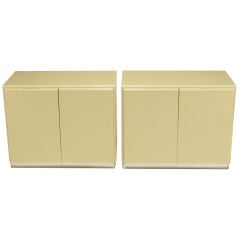 Pair Milo Baughman Ivory Lacquer & Chrome Two Door Cabinets