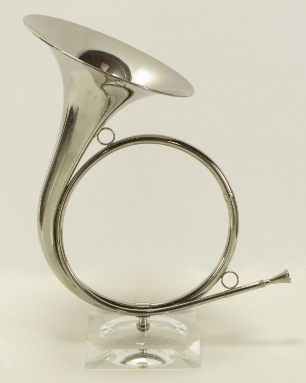 American Nickel Plated Hunting Horn & Lucite Table Lamp