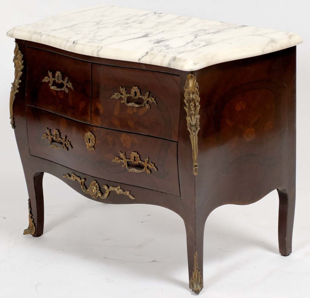 French Pair 1940s Louis XV Marquetry Commodes With Bronze Mounts