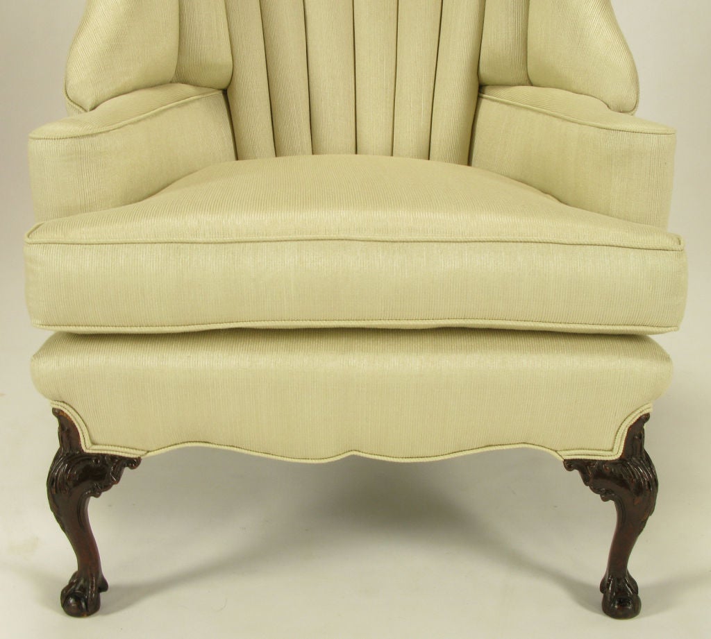 Wood 1930s Channeled Back Claw Foot Georgian Wingback Chair
