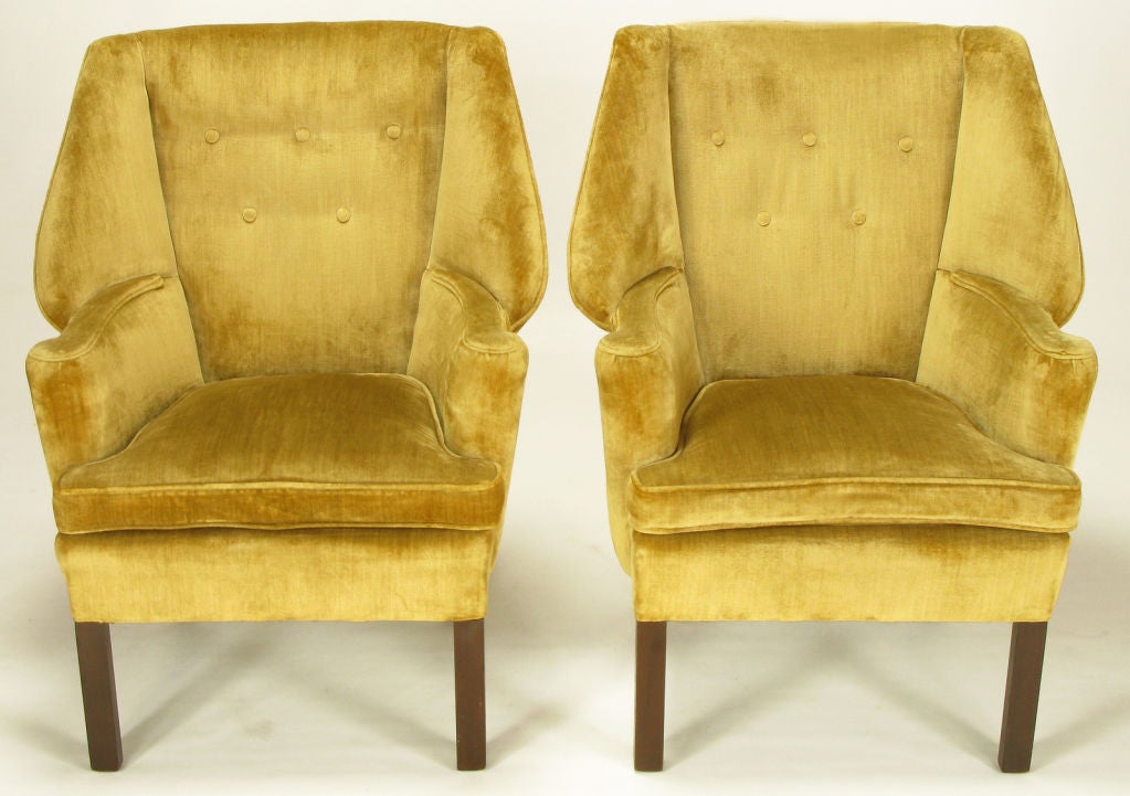 Uncommon pair of golden velvet wingback chairs. Georgian style wings with modern square dowel mahogany front legs and long raked saber mahogany back legs. Down filled seat cushion and buttoned back. Unusual front roll to the curvaceous arms. Eye