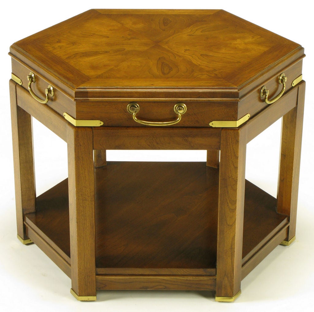Burled walnut parquetry top end table from Lane. Mahogany wood legs with brass capped feet and lower walnut veneered base. Brass cornered apron with slight reveal and brass handles.