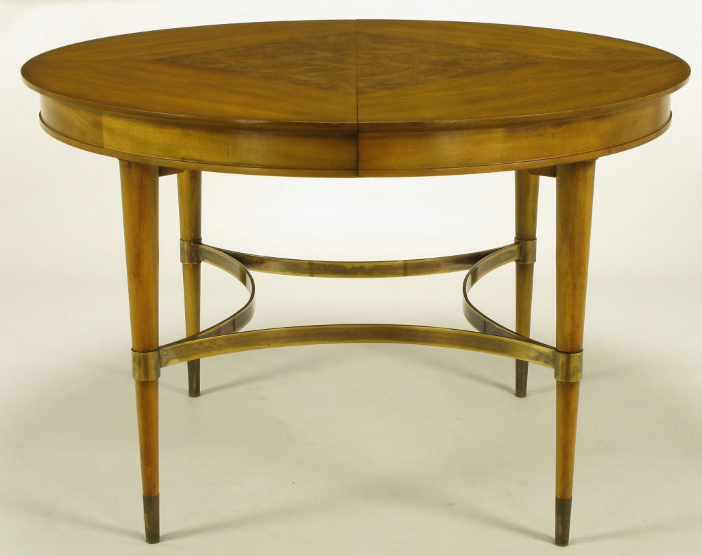 American Round Diamond Burl Inlaid Top & Brass Stretcher Dining Table.