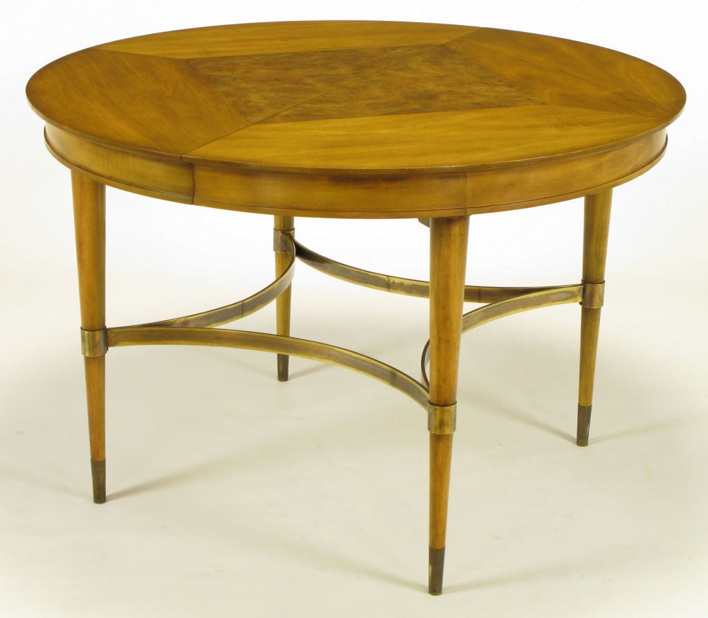 Mid-20th Century Round Diamond Burl Inlaid Top & Brass Stretcher Dining Table.