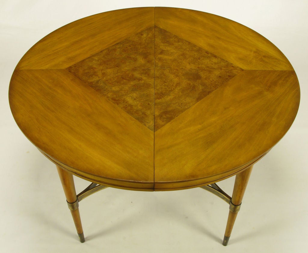 Round Diamond Burl Inlaid Top & Brass Stretcher Dining Table. 2