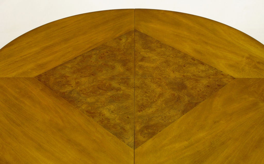 Round Diamond Burl Inlaid Top & Brass Stretcher Dining Table. 3