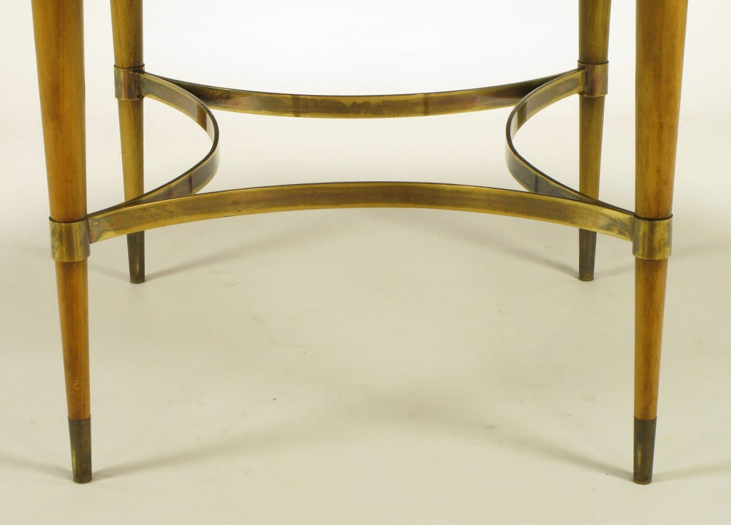 Round Diamond Burl Inlaid Top & Brass Stretcher Dining Table. 4