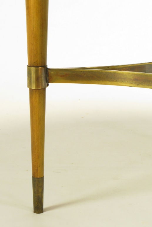 Round Diamond Burl Inlaid Top & Brass Stretcher Dining Table. 5