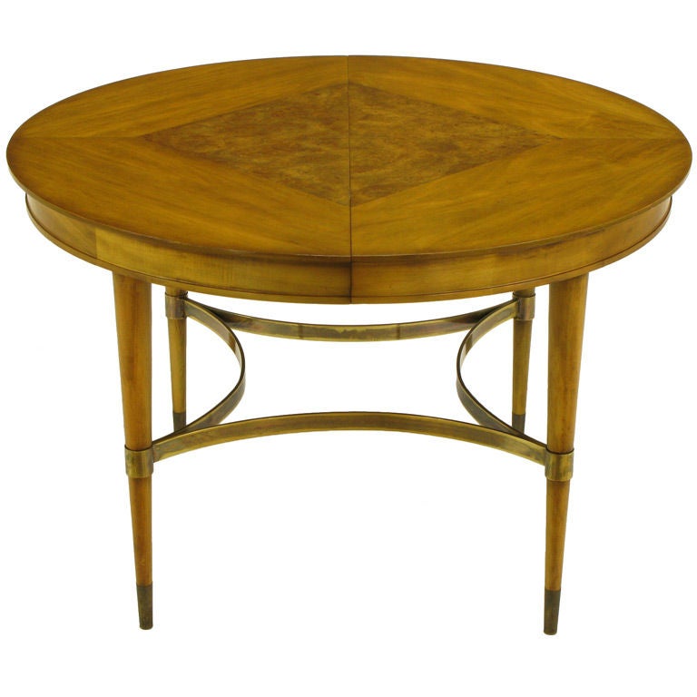 Round Diamond Burl Inlaid Top & Brass Stretcher Dining Table.