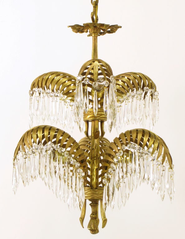 Mid-20th Century Bronze Dore' & Crystal Palm Frond Chandelier