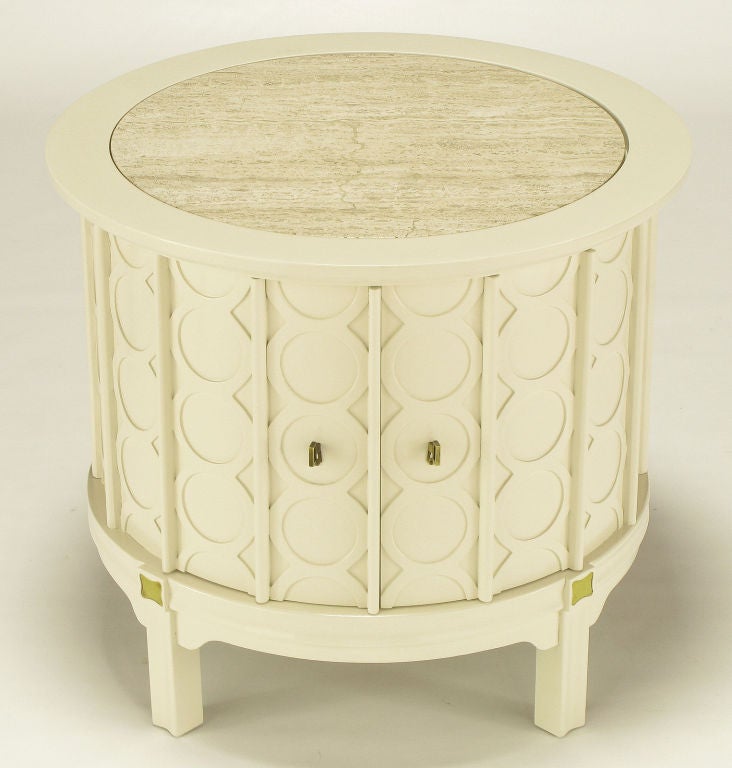 Pair Travertine & Bone Drum Tables With Circle Relief Details