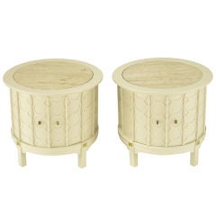 Vintage Pair Travertine & Bone Drum Tables With Circle Relief Details