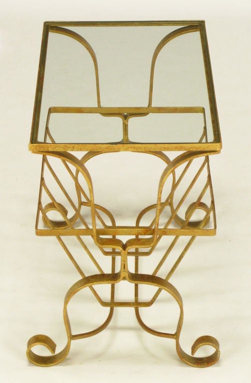 American Gilt Iron & Glass Side Table With Magazine Caddy. For Sale