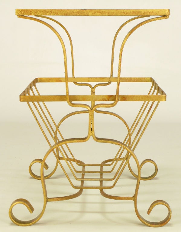 Mid-20th Century Gilt Iron & Glass Side Table With Magazine Caddy. For Sale
