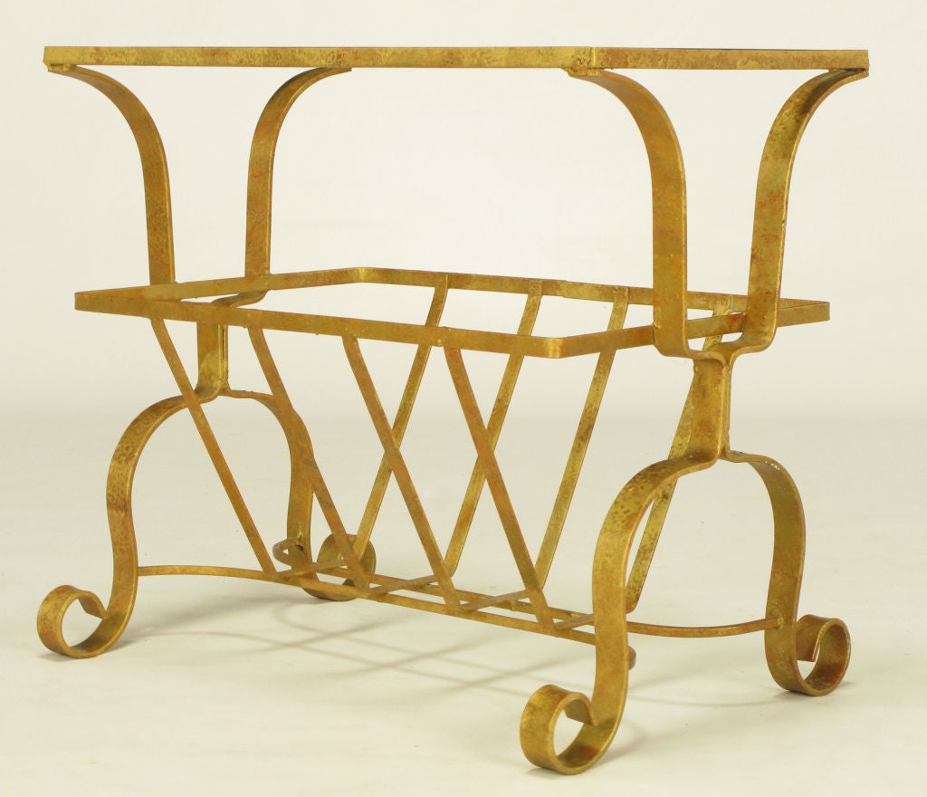 Gilt Iron & Glass Side Table With Magazine Caddy. For Sale 1