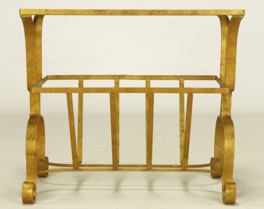 Gilt Iron & Glass Side Table With Magazine Caddy. For Sale 2