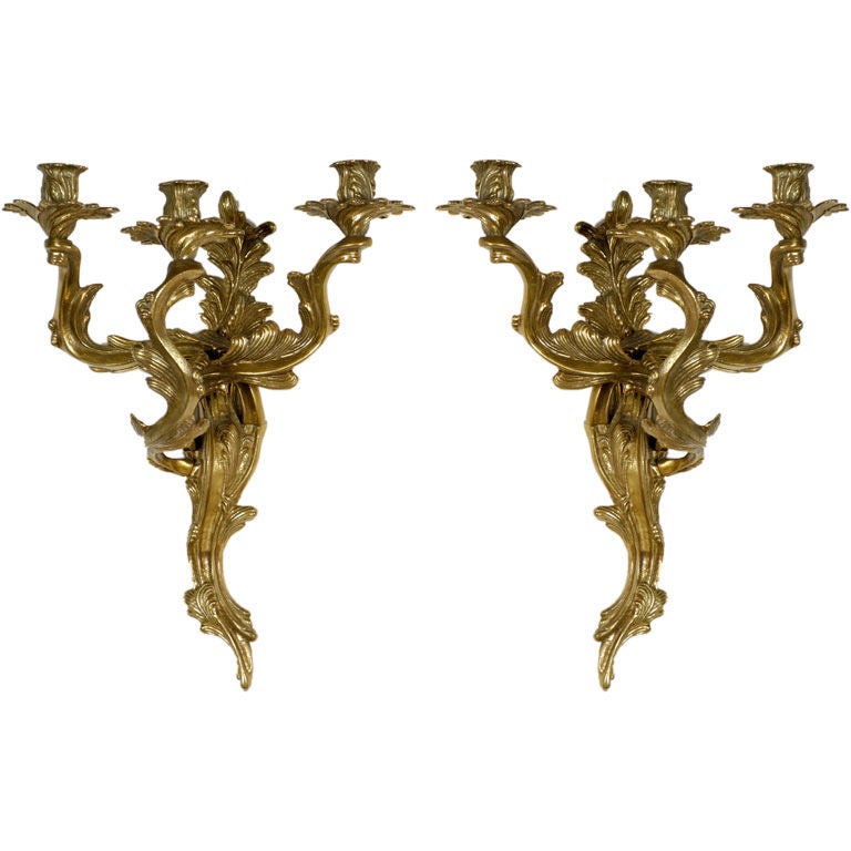 Pair Bronze Louis XV Style Three Candle Sconces