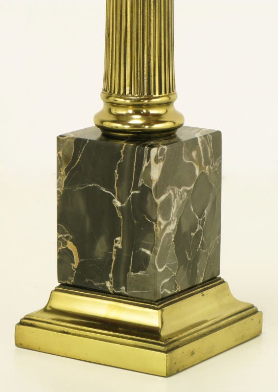 Pair Brass & Black Portoro Marble Ionic Column Table Lamps For Sale 1