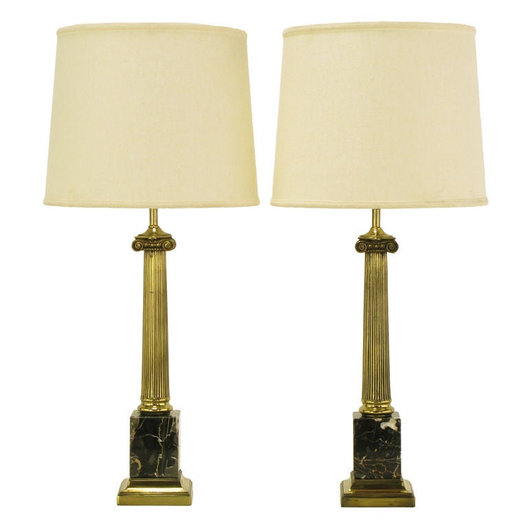 Pair Brass & Black Portoro Marble Ionic Column Table Lamps For Sale
