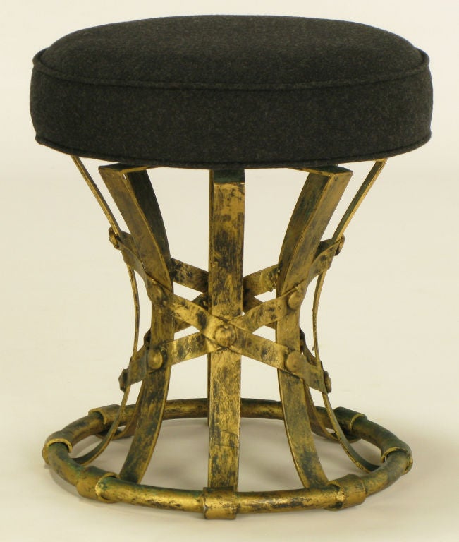 Pair Heavy Wrought Iron Spanish Revival Swiveling Stools