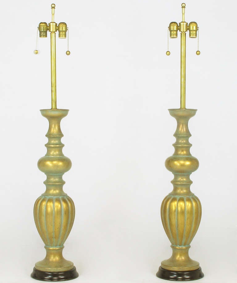 American Pair of Substantial Patinated Gilt Baluster Table Lamps For Sale