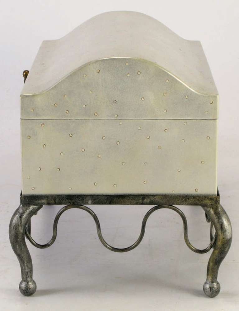 American Silver Leaf Wood Chest on Distressed Iron Cabriole Stand