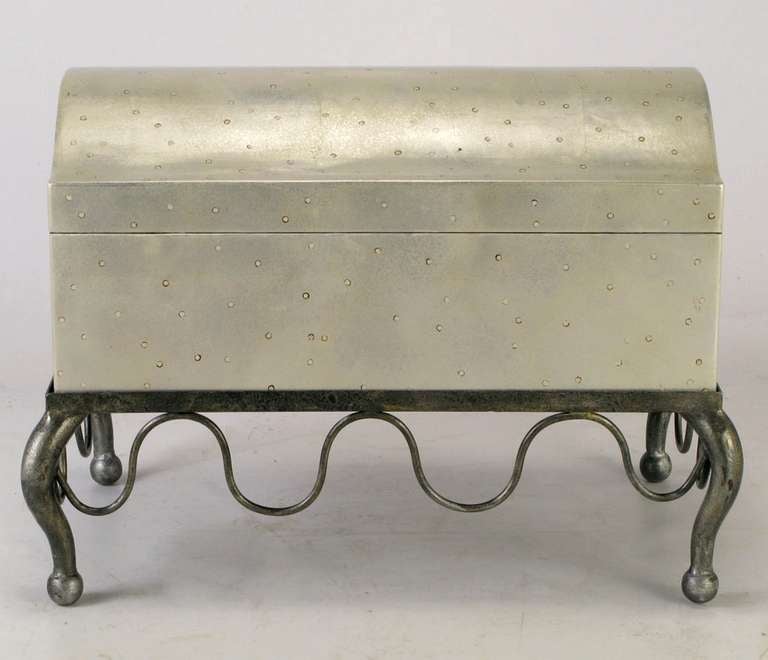 Silver Leaf Wood Chest on Distressed Iron Cabriole Stand In Excellent Condition In Chicago, IL