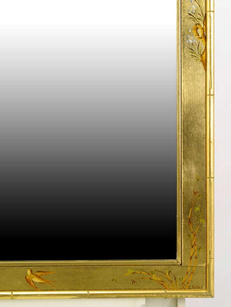American LaBarge Hand-Painted and Gilt Bevelled Wall Mirror For Sale
