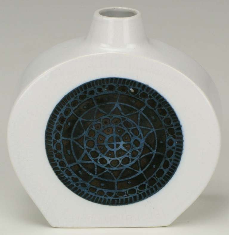 Mid-20th Century Troika Art Pottery White Vase With Blue/Black Celtic Relief & Glazing