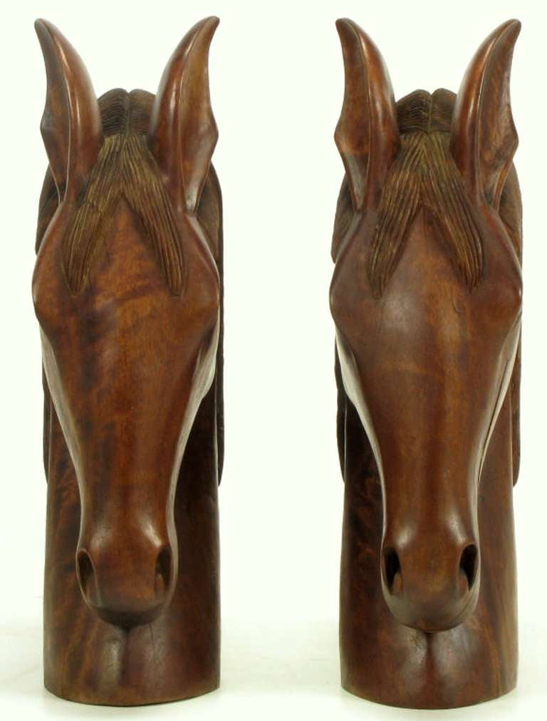 Mid-20th Century Imposing Pair of Carved Mahogany Horse Head Sculptures