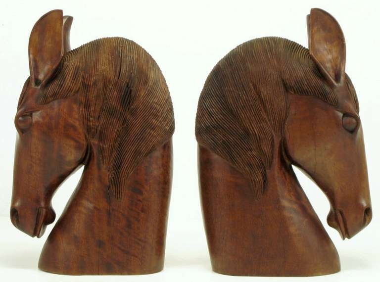 American Imposing Pair of Carved Mahogany Horse Head Sculptures