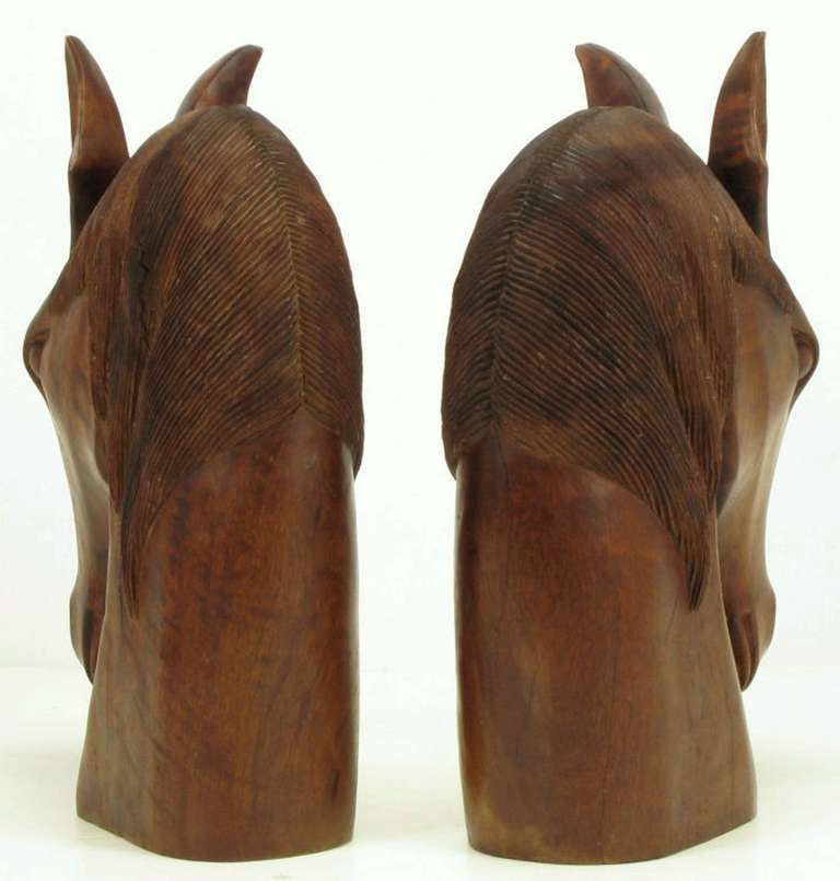 Imposing Pair of Carved Mahogany Horse Head Sculptures In Good Condition In Chicago, IL