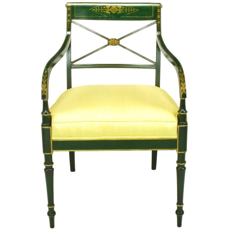 Emerald Green and Parcel Gilt Regency Cross Back Armchair at 1stDibs