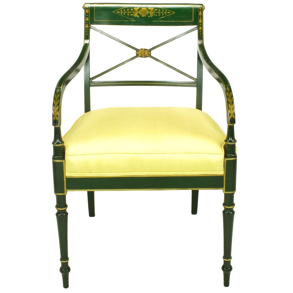 Emerald Green & Parcel Gilt Regency Cross Back Armchair