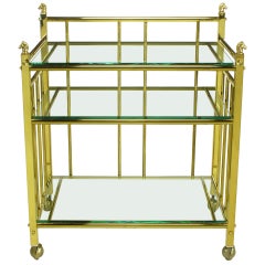 Three Tiered Brass & Glass Bar Cart With Horse Head Details