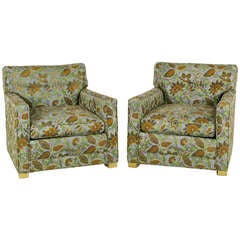 Vintage Pair 1940s Sled-Base Club Chairs In Vivid Floral Upholstery