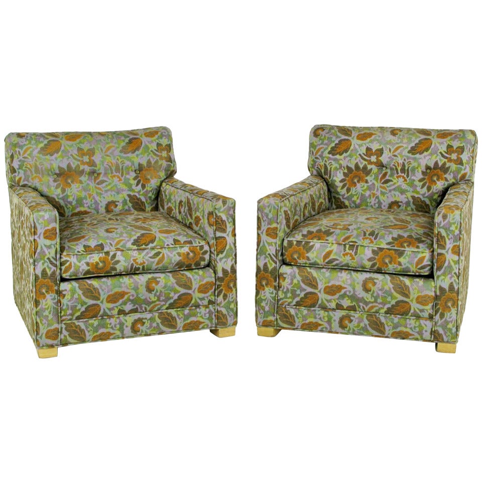 Pair 1940s Sled-Base Club Chairs In Vivid Floral Upholstery
