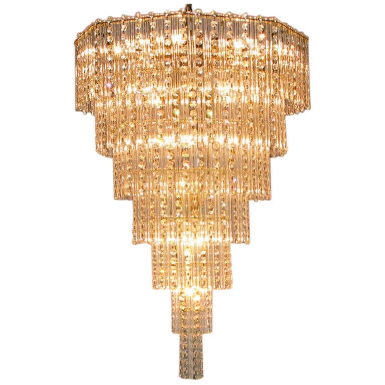 Seven Tier Crystal Beads and Rods Brass Chandelier