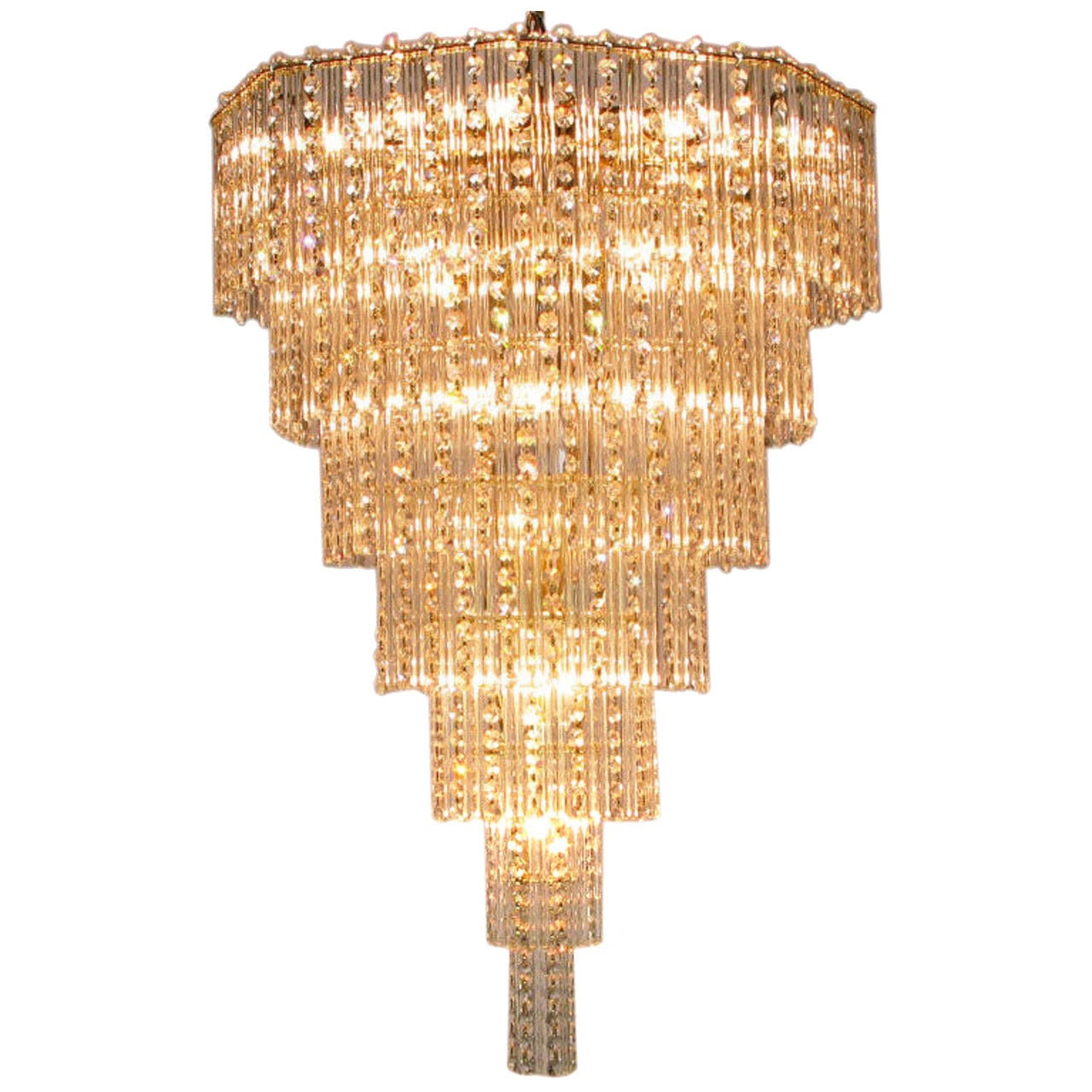 Seven Tier Crystal Beads and Rods Brass Chandelier For Sale