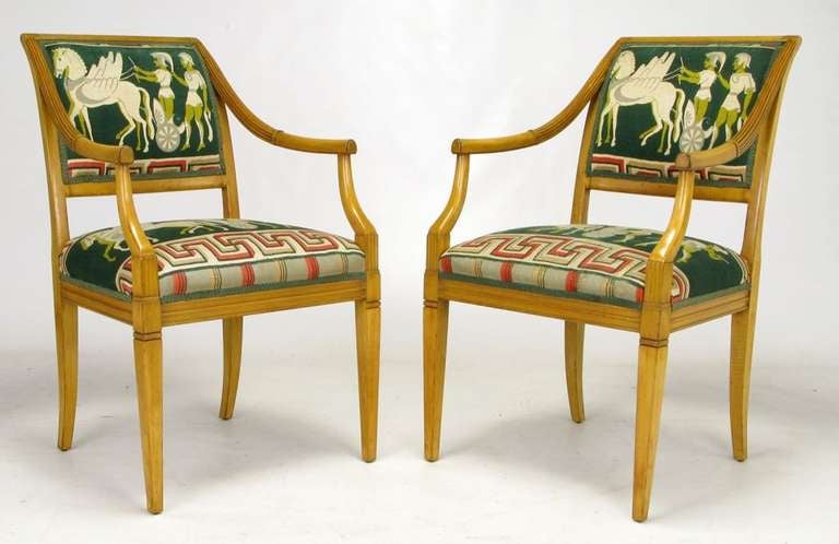Pair Empire Arm Chairs With Greek Key Centurion Upholstery