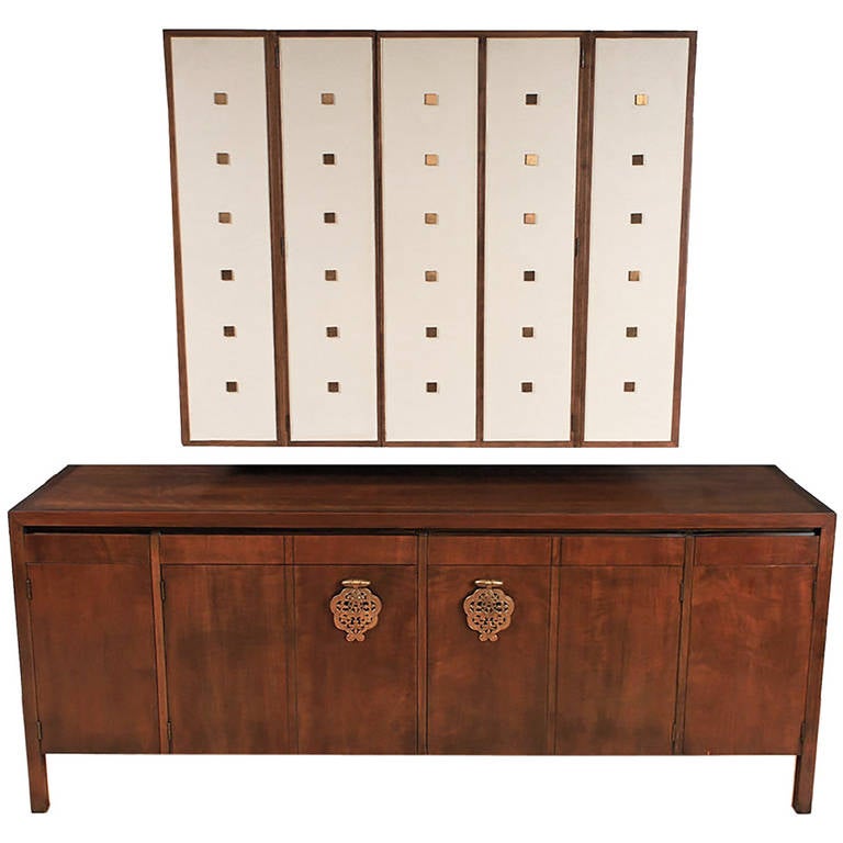 Bert England Walnut, White and Brass Sideboard with Floating Wall