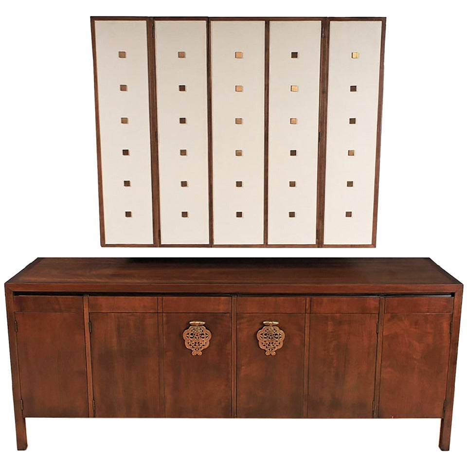 Bert England Walnut, White and Brass Sideboard with Floating Wall Cabinet For Sale