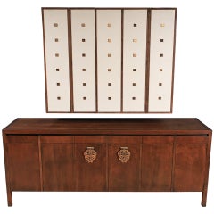 Bert England Walnut, White and Brass Sideboard with Floating Wall Cabinet