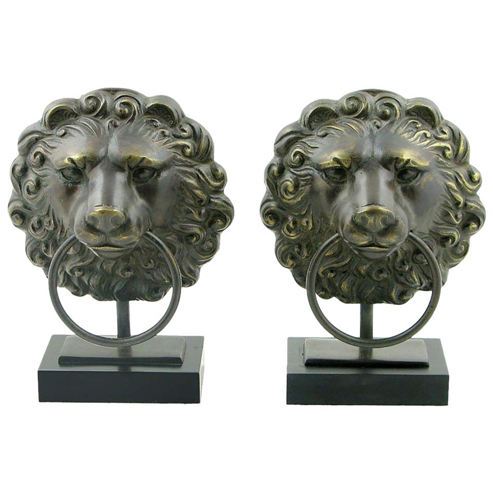 Pair of Cast Bronze Lion's Head Mantel Lamps