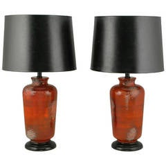 Pair of Carnelian, Red Lava Glaze Pottery Table Lamps