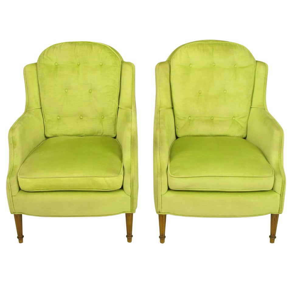 Pair of Chartreuse Yellow-Green Velvet Regency Lounge Chairs