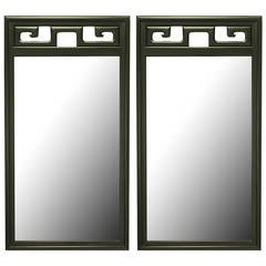 Vintage Pair of Black Lacquer Asian Greek Key Panel Mirrors