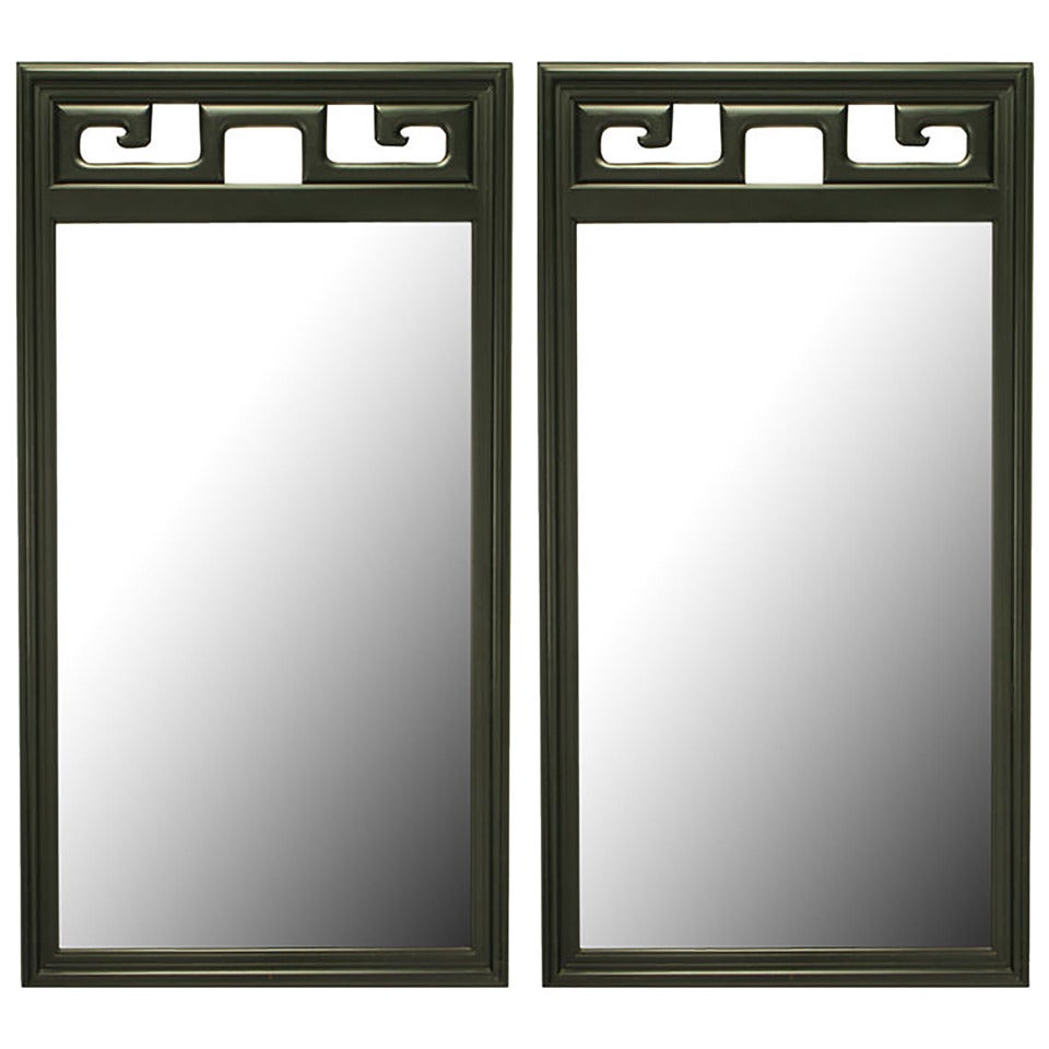 Pair of Black Lacquer Asian Greek Key Panel Mirrors For Sale