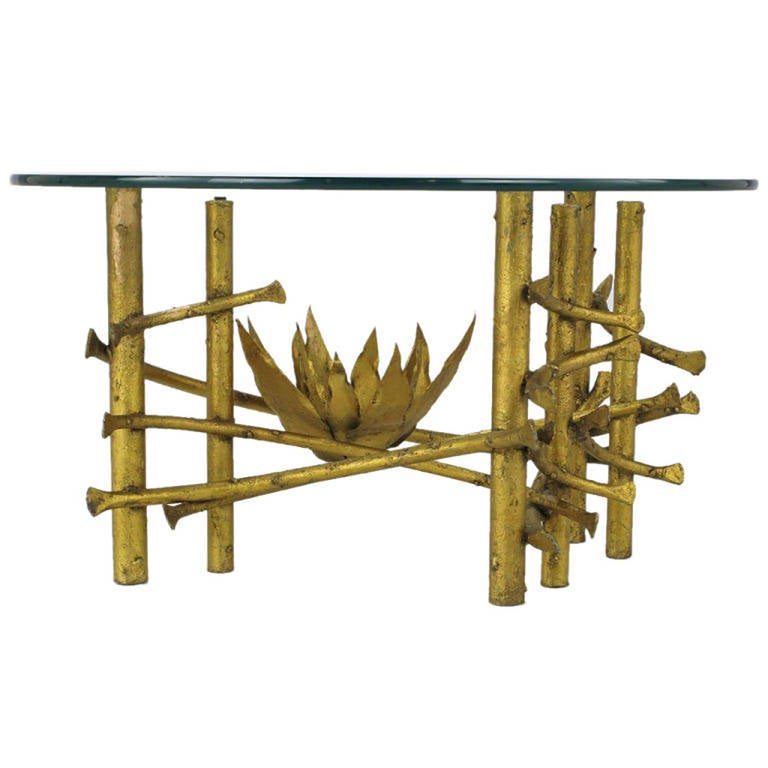 American Brutalist Gilt Iron Lotus Coffee Table with Glass Top For Sale